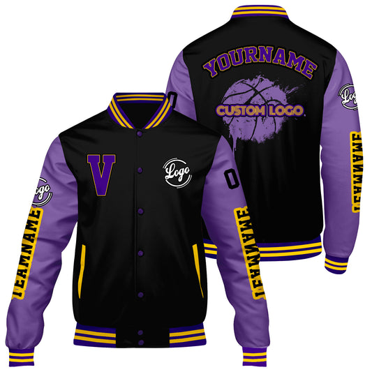 Maßgeschneiderte Schwarz Lila Letterman Varsity Jacket Individuelle Stickerei Druck nach Ihrem Wunsch
