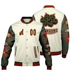 Maßgeschneiderte Weiß Militärgrün Letterman Varsity Jacket Individuelle Stickerei Druck nach Ihrem Wunsch