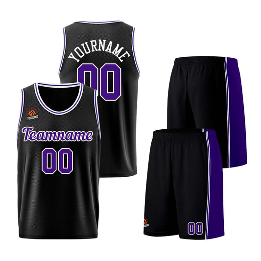 Individuelle Schwarz Lila Basketball Jersey Shorts für Männer und Frauen Gestickter und gedruckter Name, Nummer und Logo