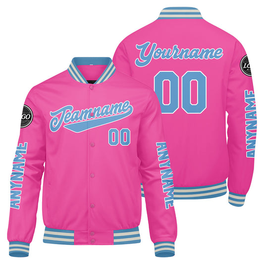 Maßgeschneiderte Rosa Letterman Varsity Jacket Individuelle Stickerei Druck nach Ihrem Wunsch