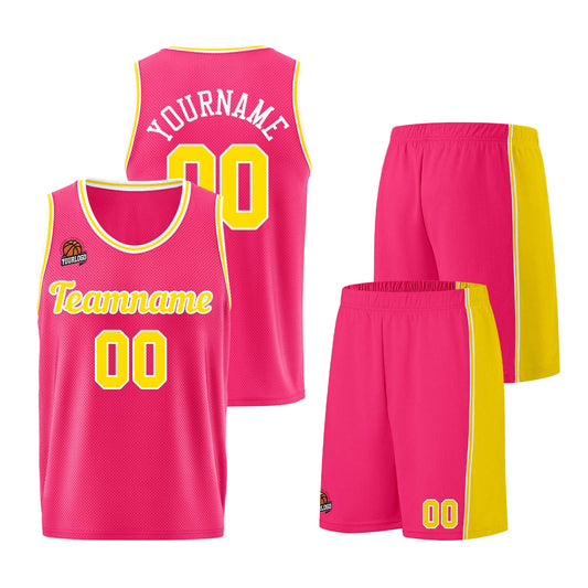 Individuelle Rosa-Gelb Basketball Jersey Shorts für Männer und Frauen Gestickter und gedruckter Name, Nummer und Logo
