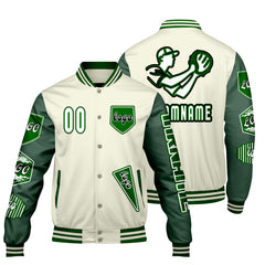 Maßgeschneiderte Weiß Militärgrün Letterman Varsity Jacket Individuelle Stickerei Druck nach Ihrem Wunsch
