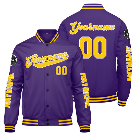 Maßgeschneiderte Lila Gelb Letterman Varsity Jacket Individuelle Stickerei Druck nach Ihrem Wunsch