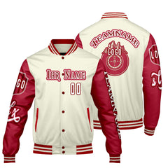 Maßgeschneiderte Weiß Rot Letterman Varsity Jacket Individuelle Stickerei Druck nach Ihrem Wunsch