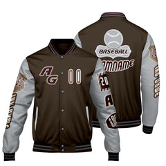 Maßgeschneiderte Braun Grau Letterman Varsity Jacket Individuelle Stickerei Druck nach Ihrem Wunsch