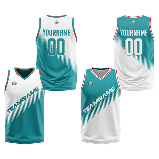 Benutzerdefinierte Weiß Cyan Reversible Basketball Jersey Personalisierte Print Name Nummer Logo