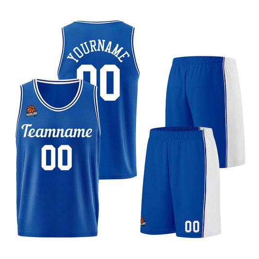 Individuelle Königlich-Weiß Basketball Jersey Shorts für Männer und Frauen Gestickter und gedruckter Name, Nummer und Logo