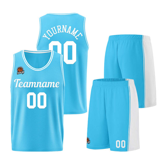 Individuelle Hellblau Weiß Basketball Jersey Shorts für Männer und Frauen Gestickter und gedruckter Name, Nummer und Logo