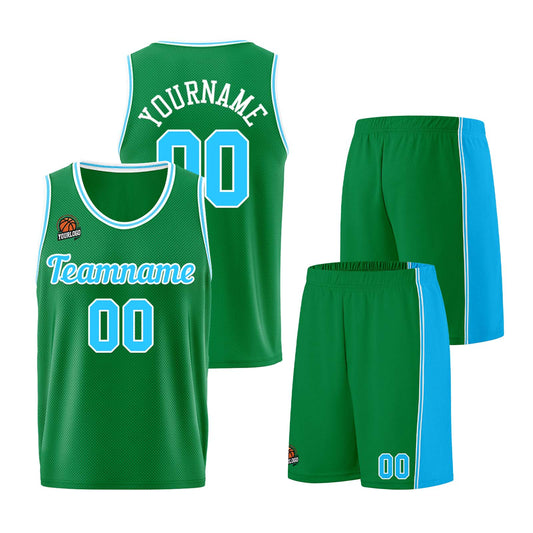 Individuelle Kellygrün Hellblau Basketball Jersey Shorts für Männer und Frauen Gestickter und gedruckter Name, Nummer und Logo