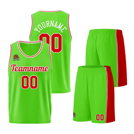 Individuelle Neongrün-Rot Basketball Jersey Shorts für Männer und Frauen Gestickter und gedruckter Name, Nummer und Logo