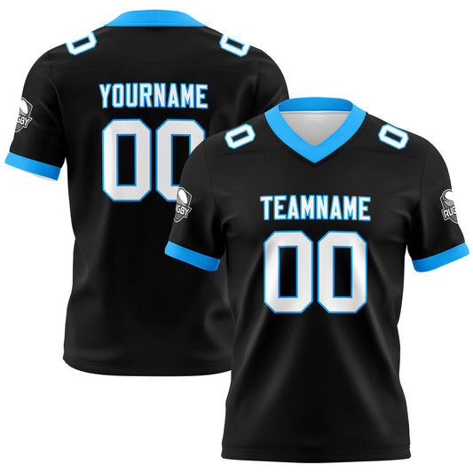 Benutzerdefinierte Schwarz Himmelblau Fußball Trikots Personalisierter Name Nummer Logo