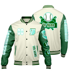 Maßgeschneiderte Weiß Grün Letterman Varsity Jacket Individuelle Stickerei  Druck nach Ihrem Wunsch