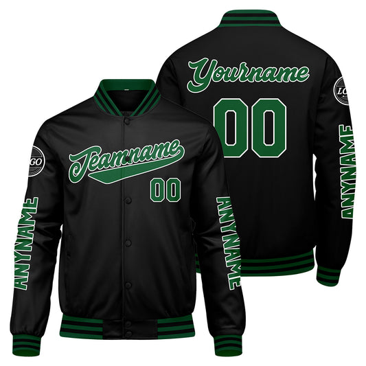 Maßgeschneiderte Grün Schwarz Letterman Varsity Jacket Individuelle Stickerei Druck nach Ihrem Wunsch