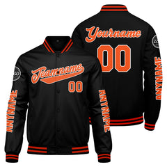 Maßgeschneiderte Schwarz Orange Letterman Varsity Jacket Individuelle Stickerei Druck nach Ihrem Wunsch