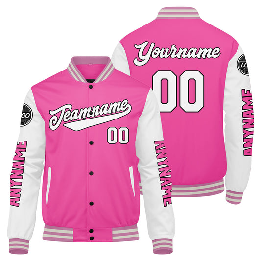 Maßgeschneiderte Rosa Weiß Letterman Varsity Jacket Individuelle Stickerei Druck nach Ihrem Wunsch