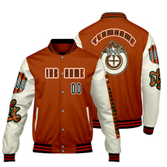 Maßgeschneiderte Orange Weiß Letterman Varsity Jacket Individuelle Stickerei Druck nach Ihrem Wunsch