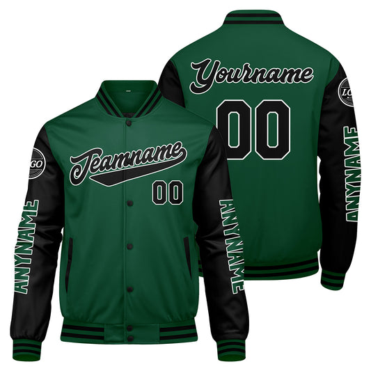 Maßgeschneiderte Grün Schwarz Letterman Varsity Jacket Individuelle Stickerei Druck nach Ihrem Wunsch