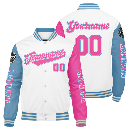 Maßgeschneiderte Weiß Lichtblau Rosa Letterman Varsity Jacket Individuelle Stickerei Druck nach Ihrem Wunsch