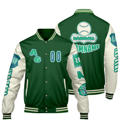 Maßgeschneiderte Grün Weiß Letterman Varsity Jacket Individuelle Stickerei Druck nach Ihrem Wunsch
