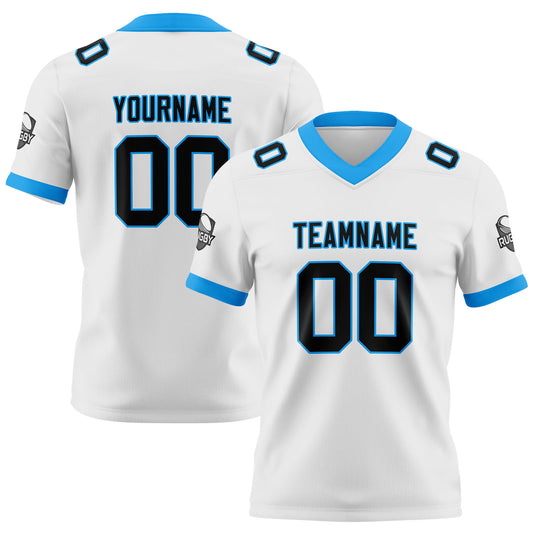 Benutzerdefinierte Weiß Blau Schwarz Fußball Trikots Personalisierter Name Nummer Logo