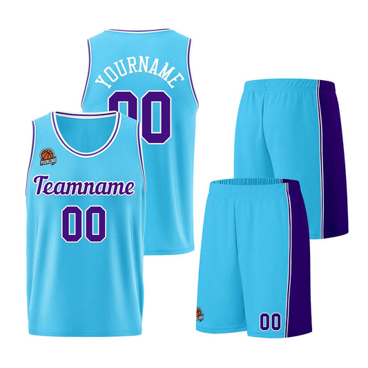 Individuelle Hellblau Lila Basketball Jersey Shorts für Männer und Frauen Gestickter und gedruckter Name, Nummer und Logo