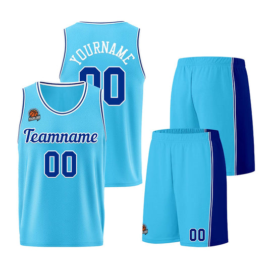 Individuelle Hellblau Königlich Basketball Jersey Shorts für Männer und Frauen Gestickter und gedruckter Name, Nummer und Logo