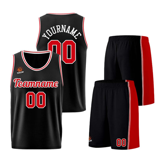 Individuelle Schwarz Rot Basketball Jersey Shorts für Männer und Frauen Gestickter und gedruckter Name, Nummer und Logo