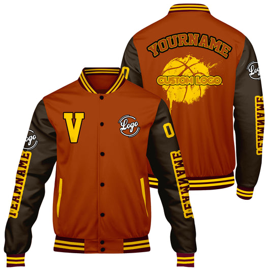 Maßgeschneiderte Orange Braun Letterman Varsity Jacket Individuelle Stickerei Druck nach Ihrem Wunsch