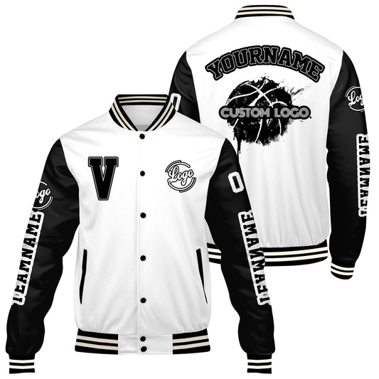 Maßgeschneiderte Weiß Schwarz Letterman Varsity Jacket Individuelle Stickerei Druck nach Ihrem Wunsch