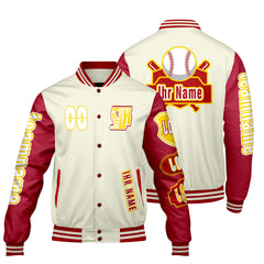 Maßgeschneiderte Weiß Rot Letterman Varsity Jacket Individuelle Stickerei  Druck nach Ihrem Wunsch
