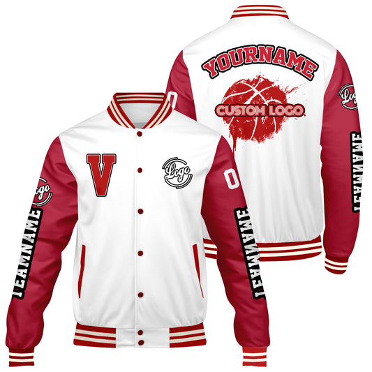 Maßgeschneiderte Weiß Rot Letterman Varsity Jacket Individuelle Stickerei Druck nach Ihrem Wunsch
