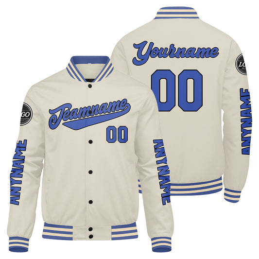 Maßgeschneiderte Cremeblau Letterman Varsity Jacket Individuelle Stickerei Druck nach Ihrem Wunsch