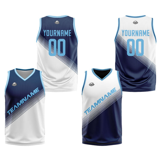 Benutzerdefinierte Marine Weiß Reversible Basketball Jersey Personalisierte Print Name Nummer Logo
