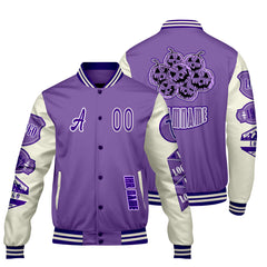Maßgeschneiderte Lila Weiß Letterman Varsity Jacket Individuelle Stickerei Druck nach Ihrem Wunsch