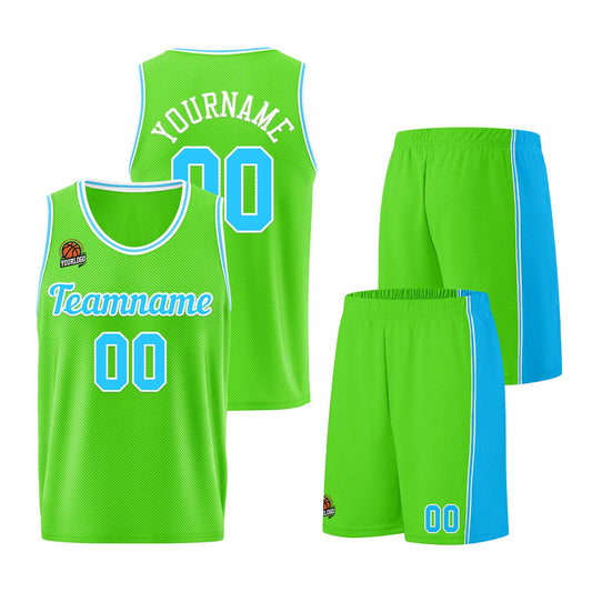Individuelle Neongrün-Hellblau Basketball Jersey Shorts für Männer und Frauen Gestickter und gedruckter Name, Nummer und Logo