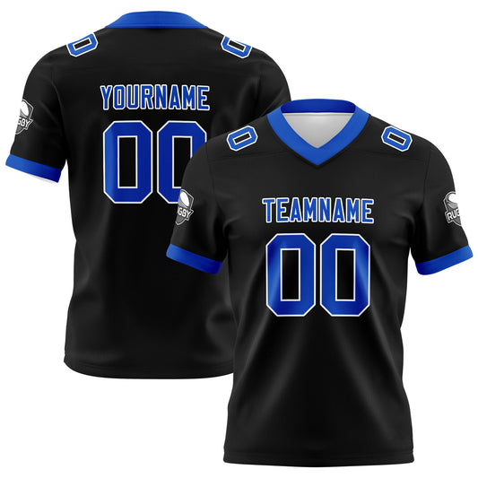 Benutzerdefinierte Schwarz Blau Fußball Trikots Personalisierter Name Nummer Logo