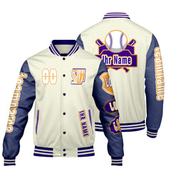 Maßgeschneiderte Weiß Lila Letterman Varsity Jacket Individuelle Stickerei  Druck nach Ihrem Wunsch