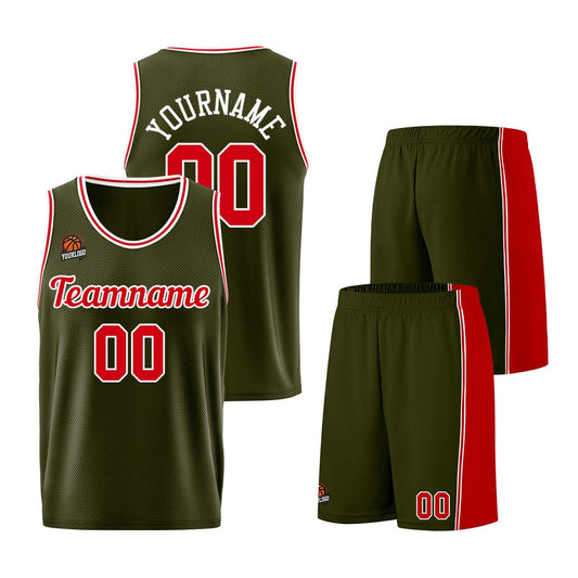 Individuelle Armeegrün-Rot Basketball Jersey Shorts für Männer und Frauen Gestickter und gedruckter Name, Nummer und Logo