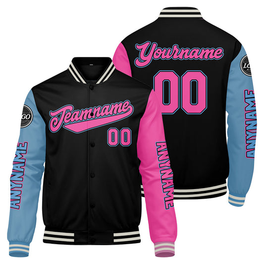 Maßgeschneiderte Schwarz Hellblau Rosa Letterman Varsity Jacket Individuelle Stickerei Druck nach Ihrem Wunsch