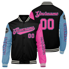 Maßgeschneiderte Schwarz Hellblau Rosa Letterman Varsity Jacket Individuelle Stickerei Druck nach Ihrem Wunsch