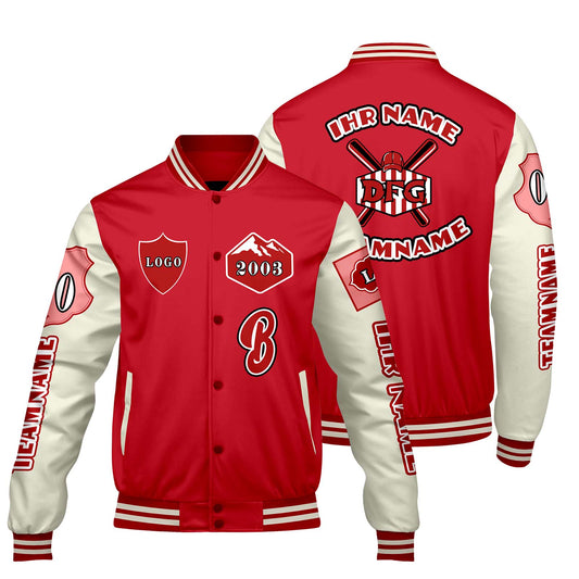 Maßgeschneiderte Rot Weiß Letterman Varsity Jacket Individuelle Stickerei Druck nach Ihrem Wunsch
