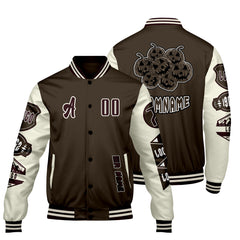 Maßgeschneiderte Braun Weiß Letterman Varsity Jacket Individuelle Stickerei Druck nach Ihrem Wunsch