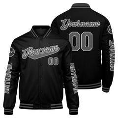 Maßgeschneiderte Schwarz Grau Letterman Varsity Jacket Individuelle Stickerei Druck nach Ihrem Wunsch
