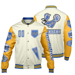 Maßgeschneiderte Weiß Gelb Letterman Varsity Jacket Individuelle Stickerei Druck nach Ihrem Wunsch