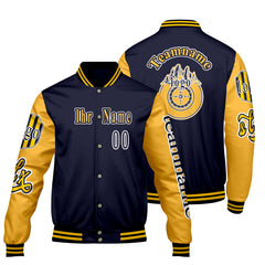 Maßgeschneiderte Marine Gelb Letterman Varsity Jacket Individuelle Stickerei Druck nach Ihrem Wunsch