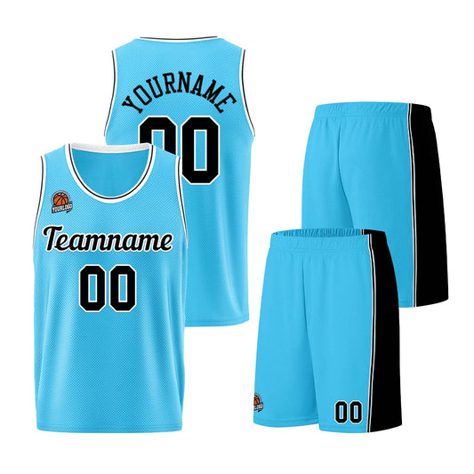 Individuelle Hellblau Schwarz Basketball Jersey Shorts für Männer und Frauen Gestickter und gedruckter Name, Nummer und Logo