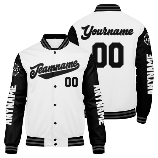 Maßgeschneiderte Schwarz Weiß Letterman Varsity Jacket Individuelle Stickerei Druck nach Ihrem Wunsch