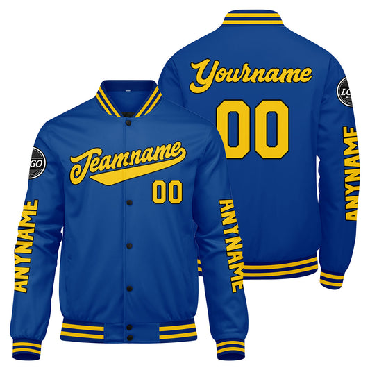 Maßgeschneiderte Königliche Gelb Letterman Varsity Jacket Individuelle Stickerei Druck nach Ihrem Wunsch