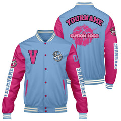 Maßgeschneiderte Bleischblau Rosa Letterman Varsity Jacket Individuelle Stickerei Druck nach Ihrem Wunsch