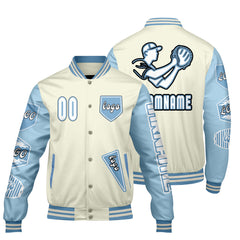 Maßgeschneiderte Weiß Blau Letterman Varsity Jacket Individuelle Stickerei Druck nach Ihrem Wunsch